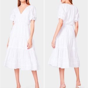 NEW Betsey Johnson White Cottagecore Boho Spectator Puff Sleeve Midi Dress